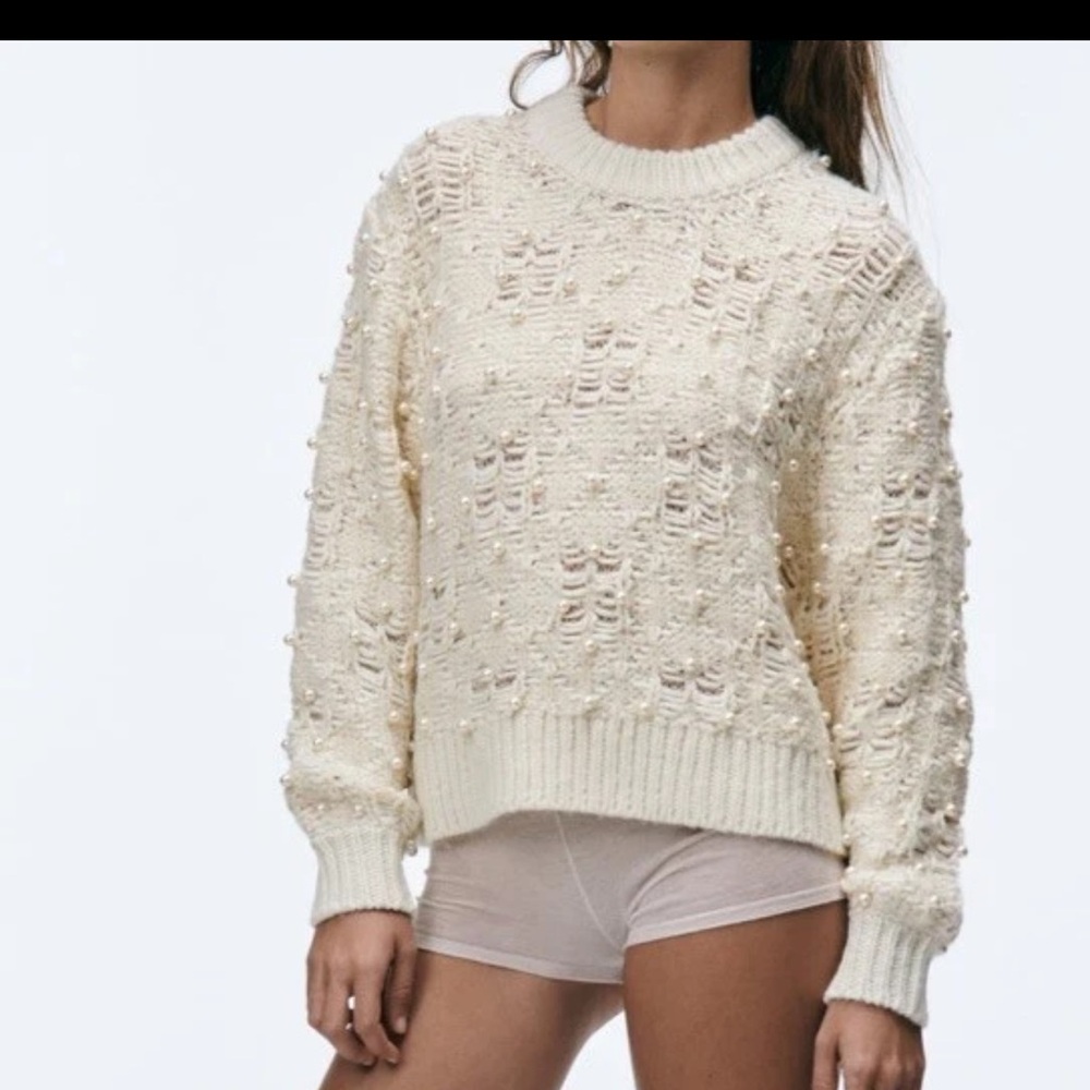 Zara Pearl-Embellished Cream Sweater